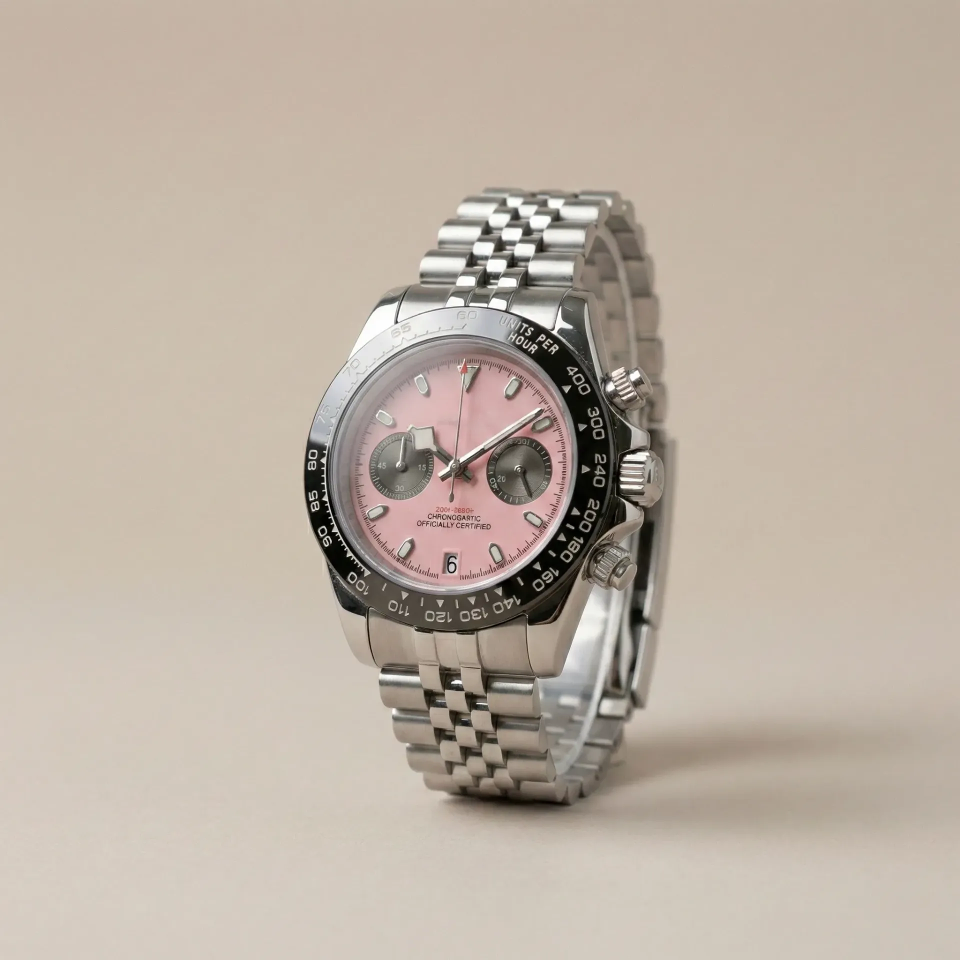 S Mod "Pink Panda" Chronograph – Pembe Kadran & Siyah Alt Göstergeler