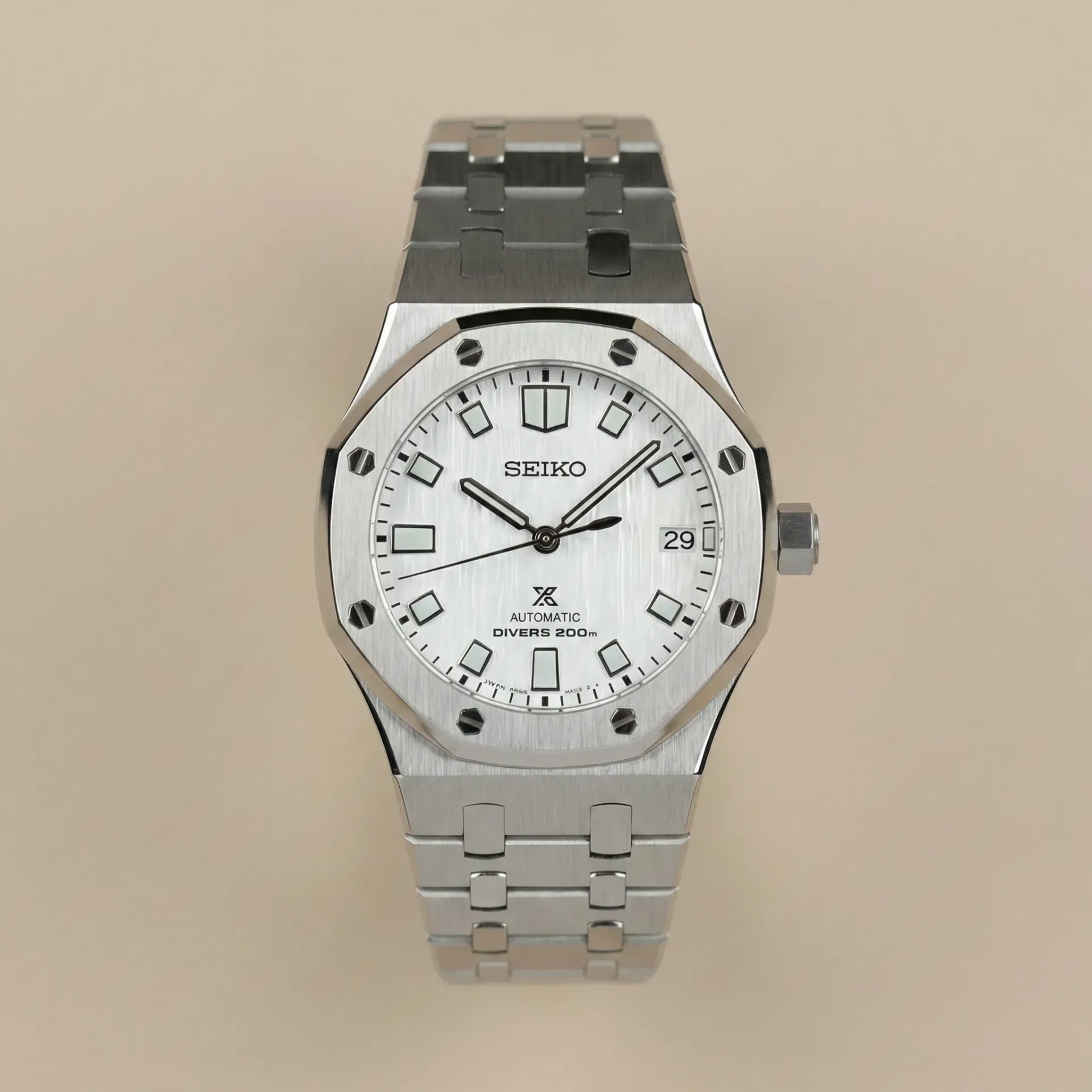S Mod Royal Oak "Arctic Seikoak" – Dokulu Beyaz Kadran & Entegre Bilezik