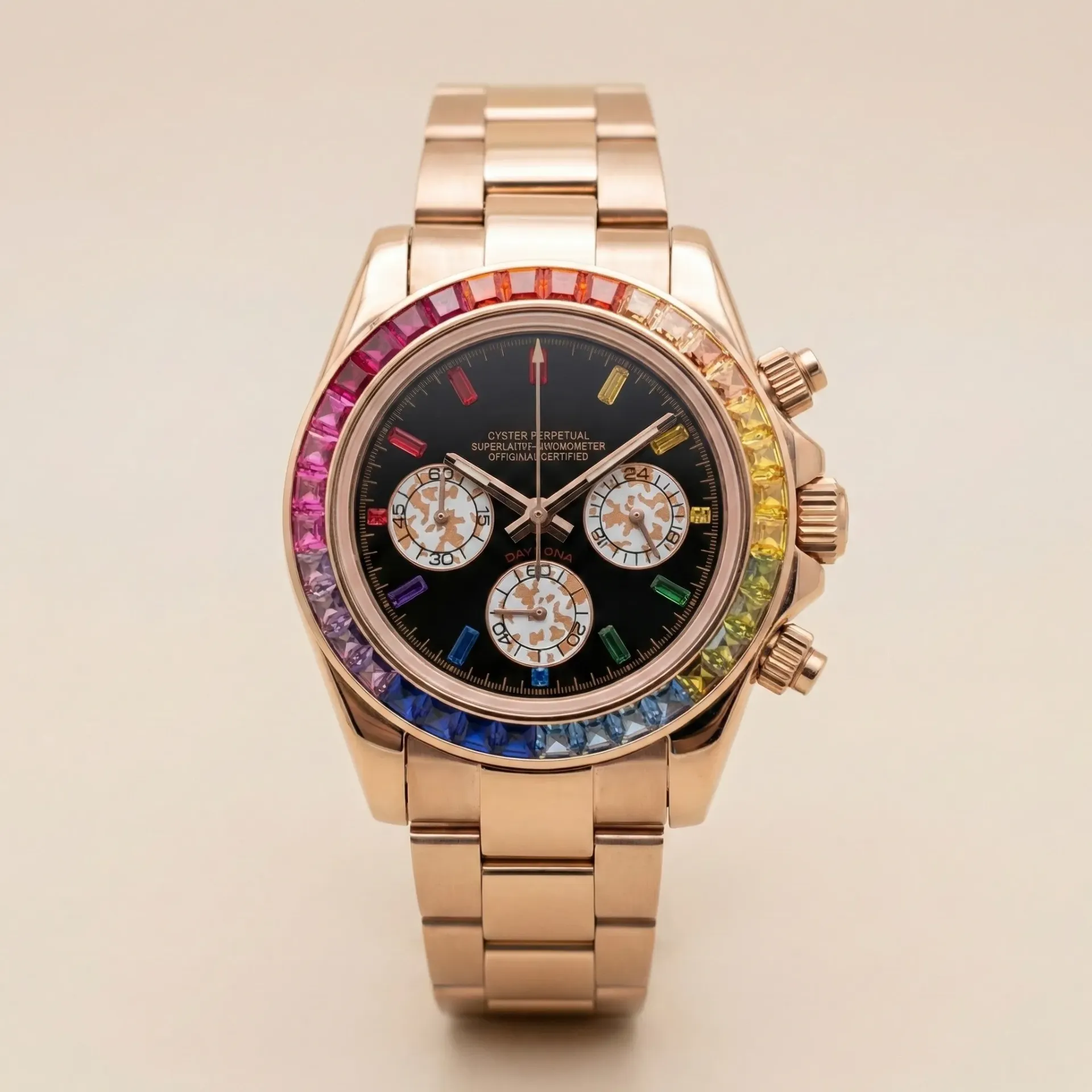 S Mod Daytona  "Rose Gold Rainbow" – Crystal Gold Subdials