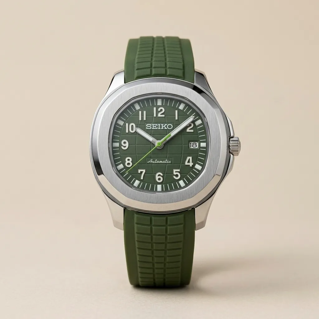 S Mod Aquanaut "Khaki Aquanaut" – Haki Yeşil Kafes Dokulu Kadran & Silikon Kordon