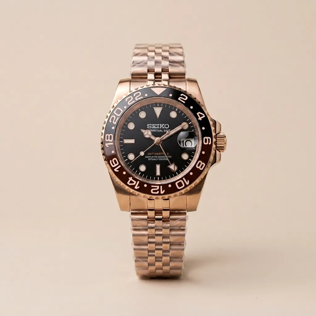 S Mod GMT "Root Beer" – Rose Gold Kasa & Siyah/Kahve Seramik Bezel