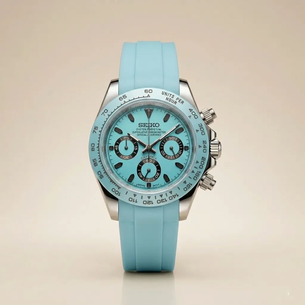 S Mod "Tiffany Chronograph" – Turkuaz Kadran & Uyumlu Kauçuk Kordon