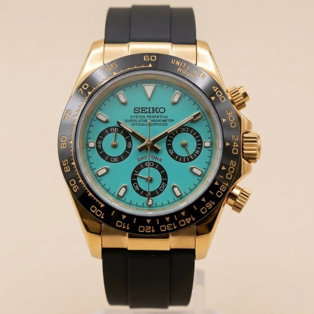 S Mod "Gold Tiffany" Chronograph – Turkuaz Kadran & Siyah Kauçuk Kordon