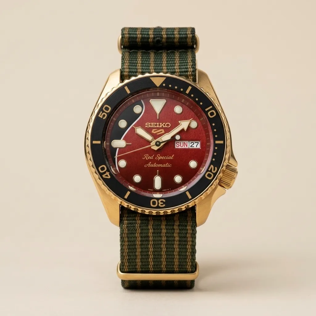 S Mod Skx007 "Red Special" – Ahşap Dokulu Bordo Kadran & Altın Kasa