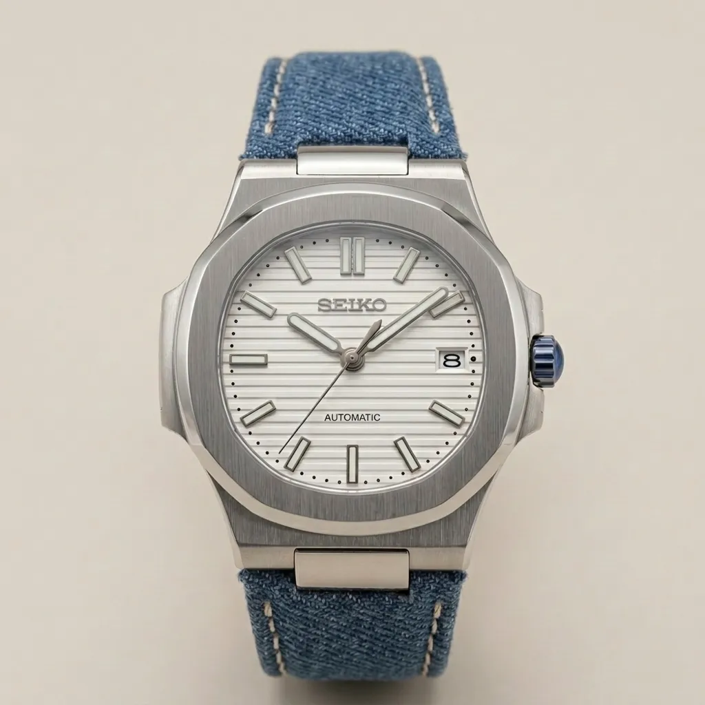 S Mod Nautilus "Denim Nautilus" – Beyaz Çizgili Kadran & Kot (Jean) Kordon