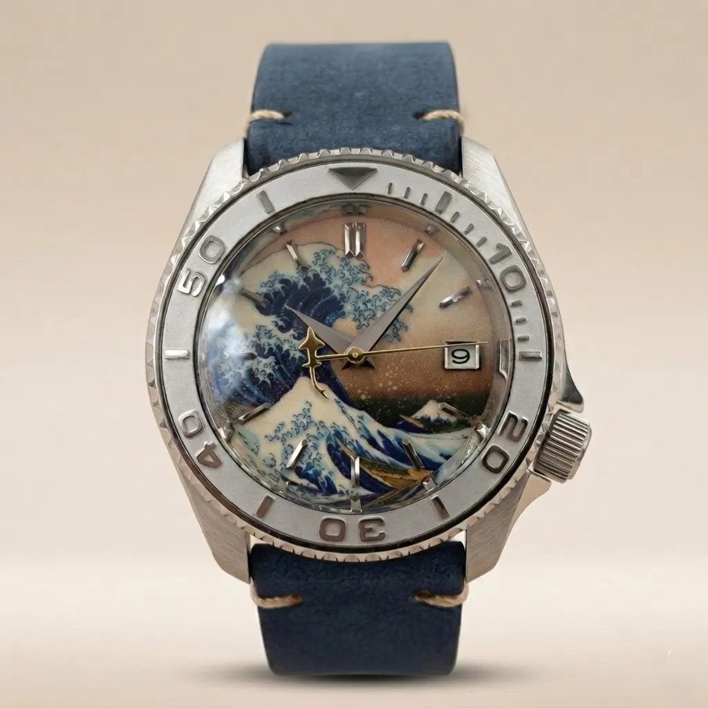 S Mods Skx007 "The Great Wave" – Kanagawa Dalga Kadran & Mavi Süet Kordon