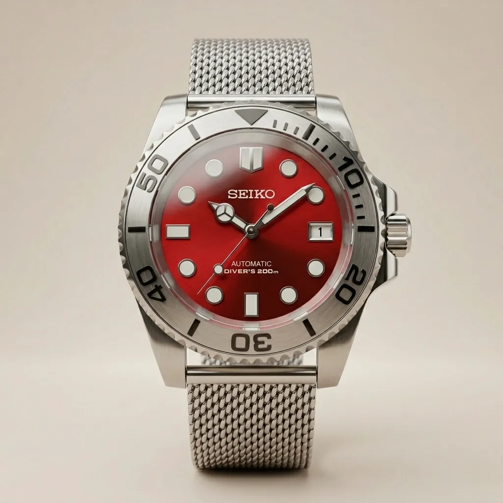 S Mods Submariner "Crimson Yacht" – Işınsal Kırmızı Kadran & Hasır Çelik Bilezik