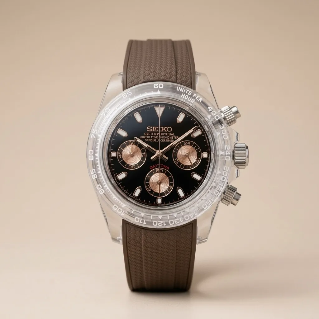S Mods Daytona "Choco Crystal" Chronograph – Şeffaf Kasa & Rose Gold Siyah Kadran