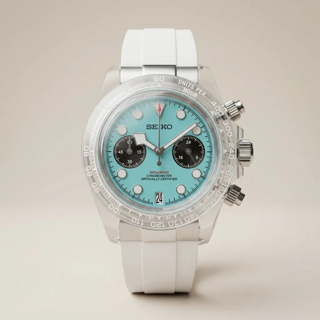 Gym Watch "Tiffany Crystal" Chrono – Şeffaf Kasa, Turkuaz Kadran & Beyaz Kordon