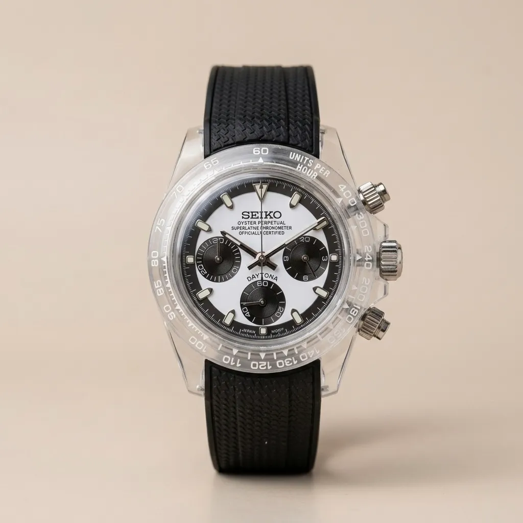 Gym Watch "Crystal Panda" Chrono – Şeffaf Kasa, Beyaz Kadran & Siyah Kordon