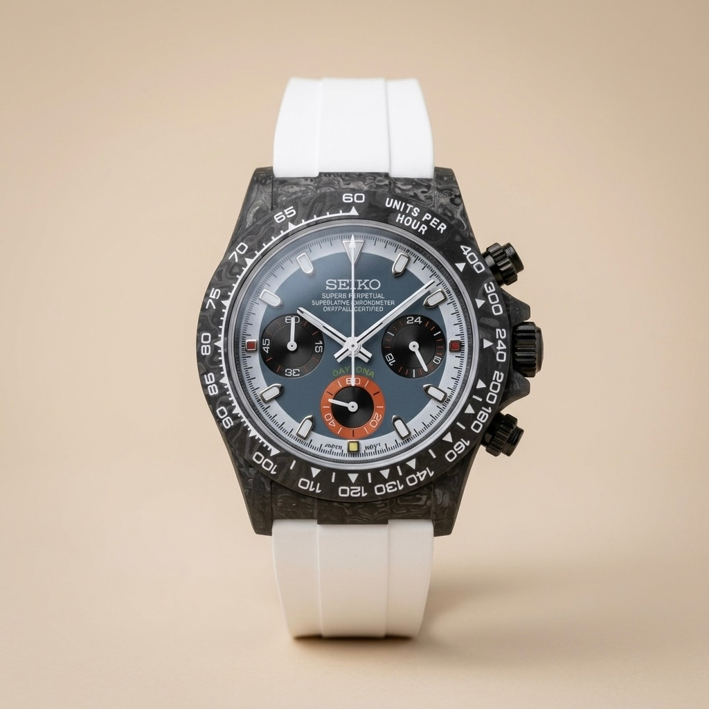 Gym Watch "Carbon Chrono" – Forged Carbon Case, Blue-Gray Dial & White Strap