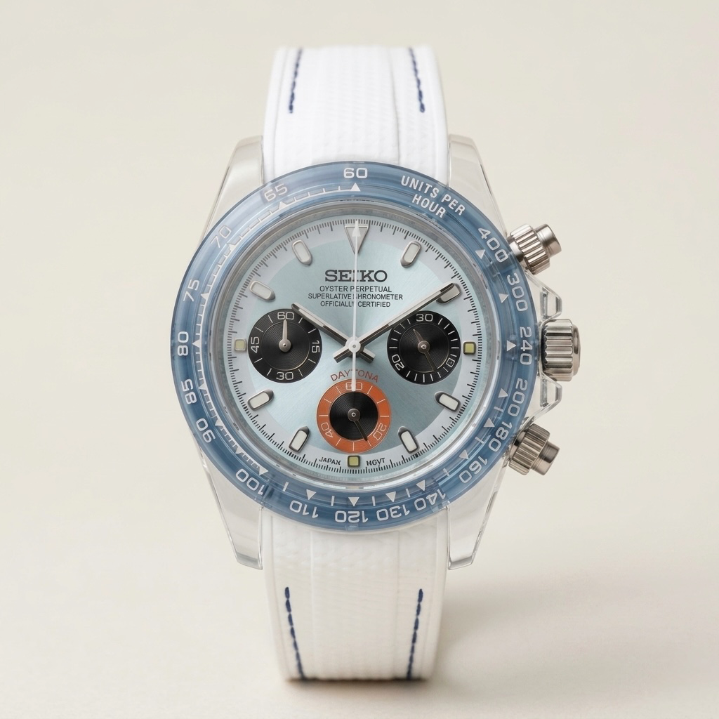 Gym Watch "Ice Crystal" Chrono – Şeffaf Kasa, Buz Mavisi Kadran & Beyaz Kord
