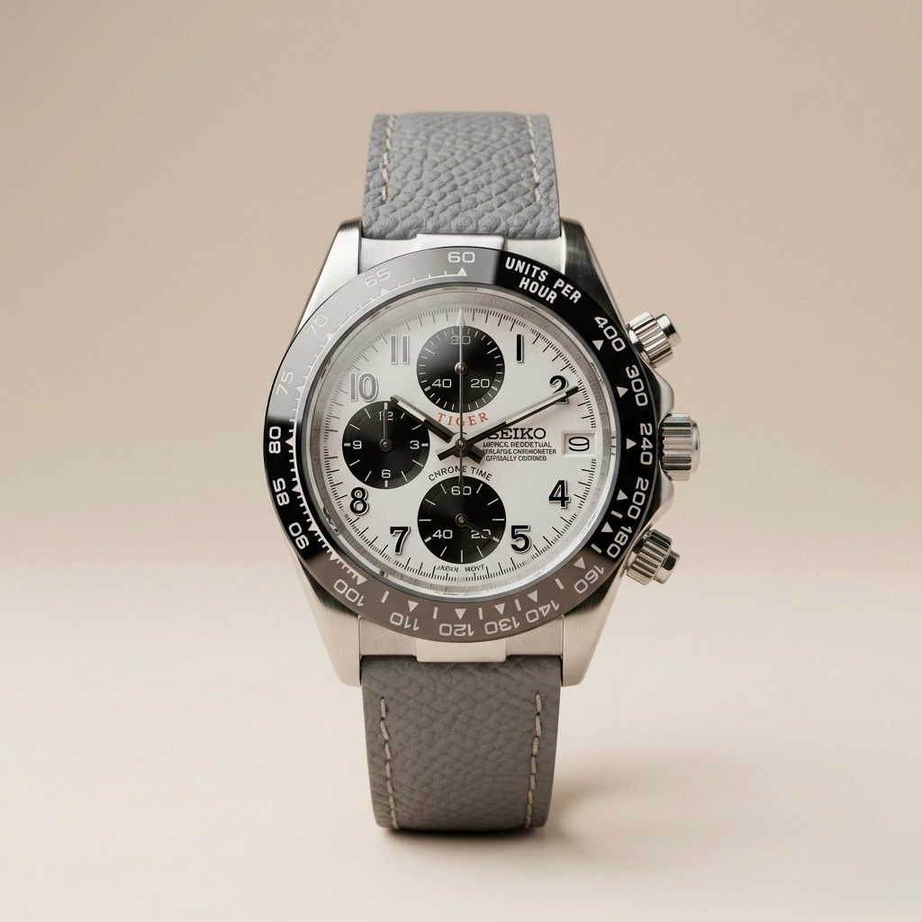 Gym Watch "Classic Panda" Chrono – Siyah Seramik Bezel & Gri Deri Kordon