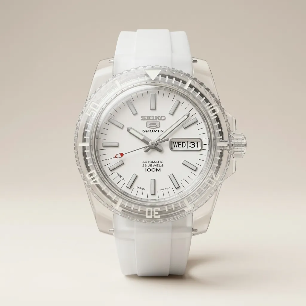 Gym Watch "Crystal White" Diver – Transparent Case, White Dial & Day-Date