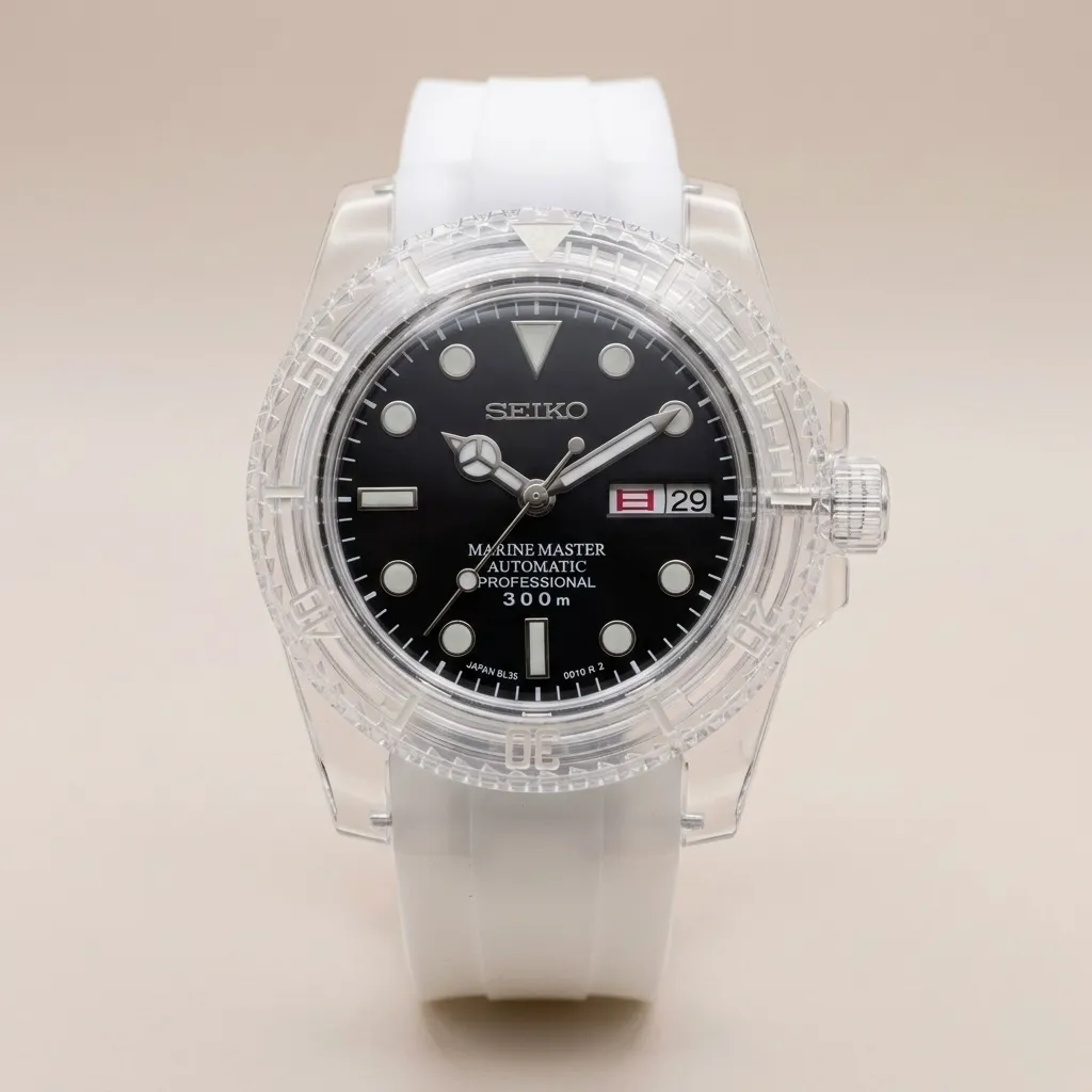 Gym Watch "Crystal Marine" Diver – Transparent Case, Black Dial & White Strap