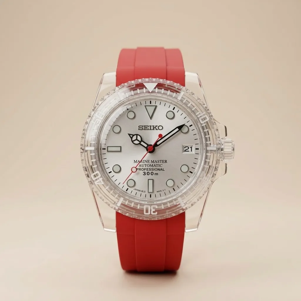Gym Watch "Crystal Red" Diver – Transparent Case, Silver Dial & Red Strap