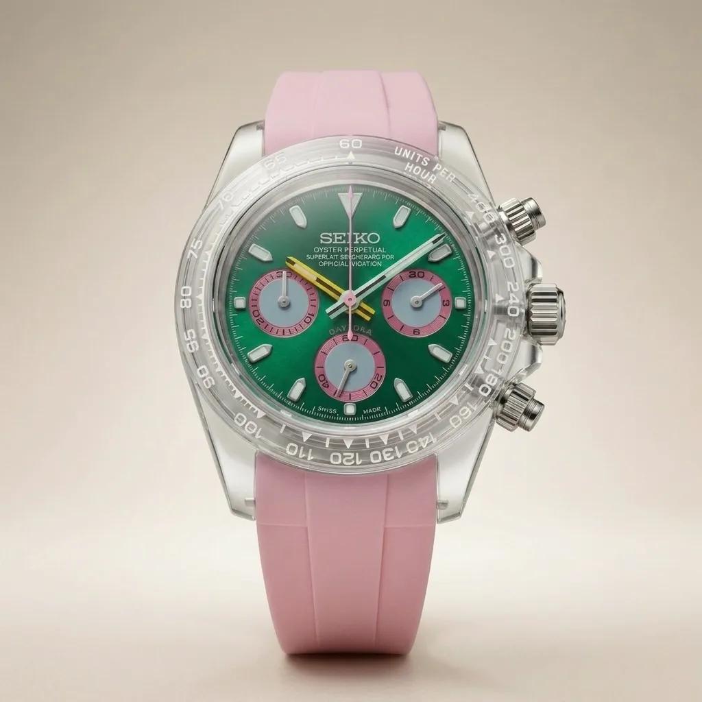 Gym Watch "Neon Pop" Chrono – Transparent Case, Emerald Green Dial & Pink Strap