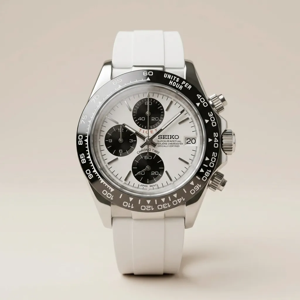 Gym Watch "Tiger Panda White" Chrono – Çelik Kasa, Siyah Bezel & Beyaz Kordon