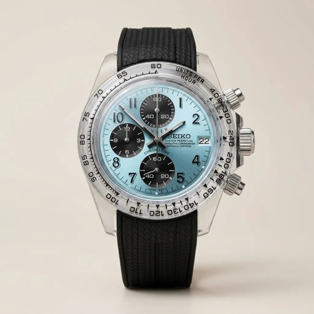 Gym Watch "Crystal Ice Racing" Chrono – Şeffaf Kasa, Buz Mavisi Kadran & Siyah Kordon