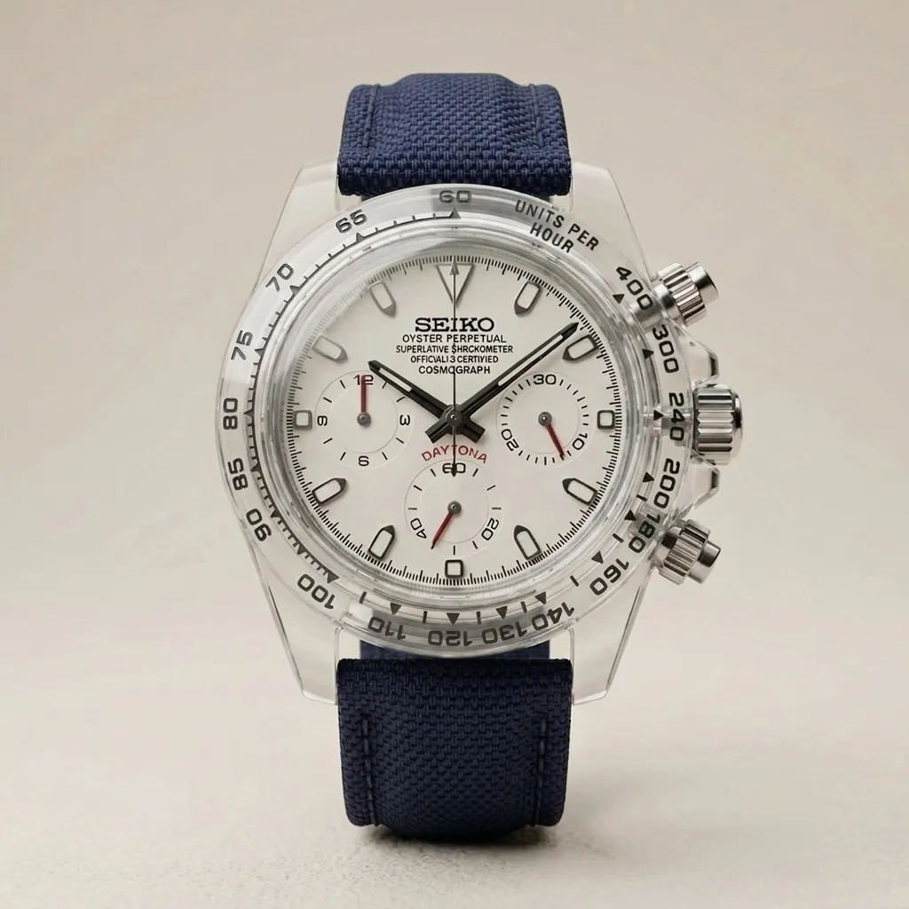 Gym Watch "Crystal Navy" Chrono – Transparent Case, White Dial & Navy Strap