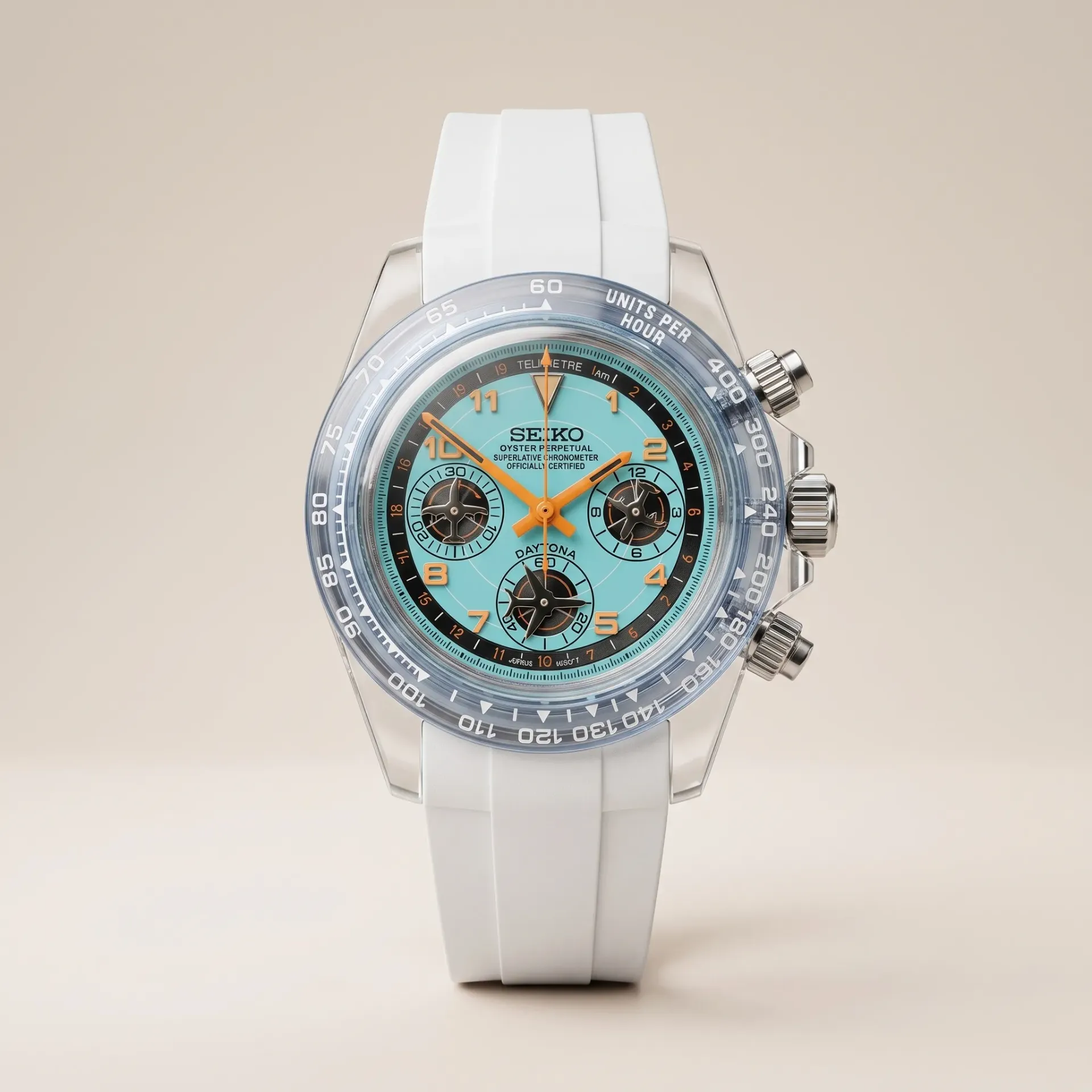 Gym Watch "Crystal Gulf" Chrono – Transparent Case, Turquoise Dial & White Strap