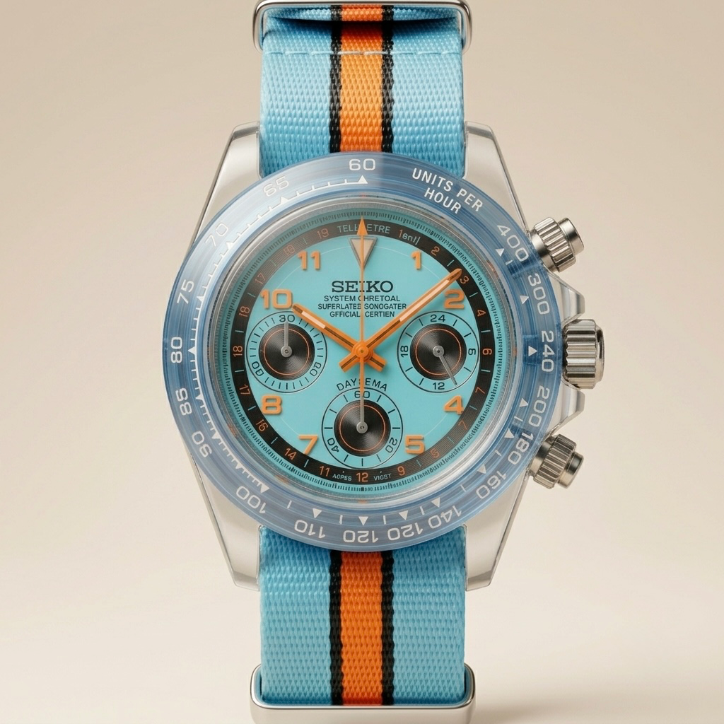 Gym Watch "Crystal Gulf" Chrono – Transparent Case, Turquoise Dial & Striped NATO Strap