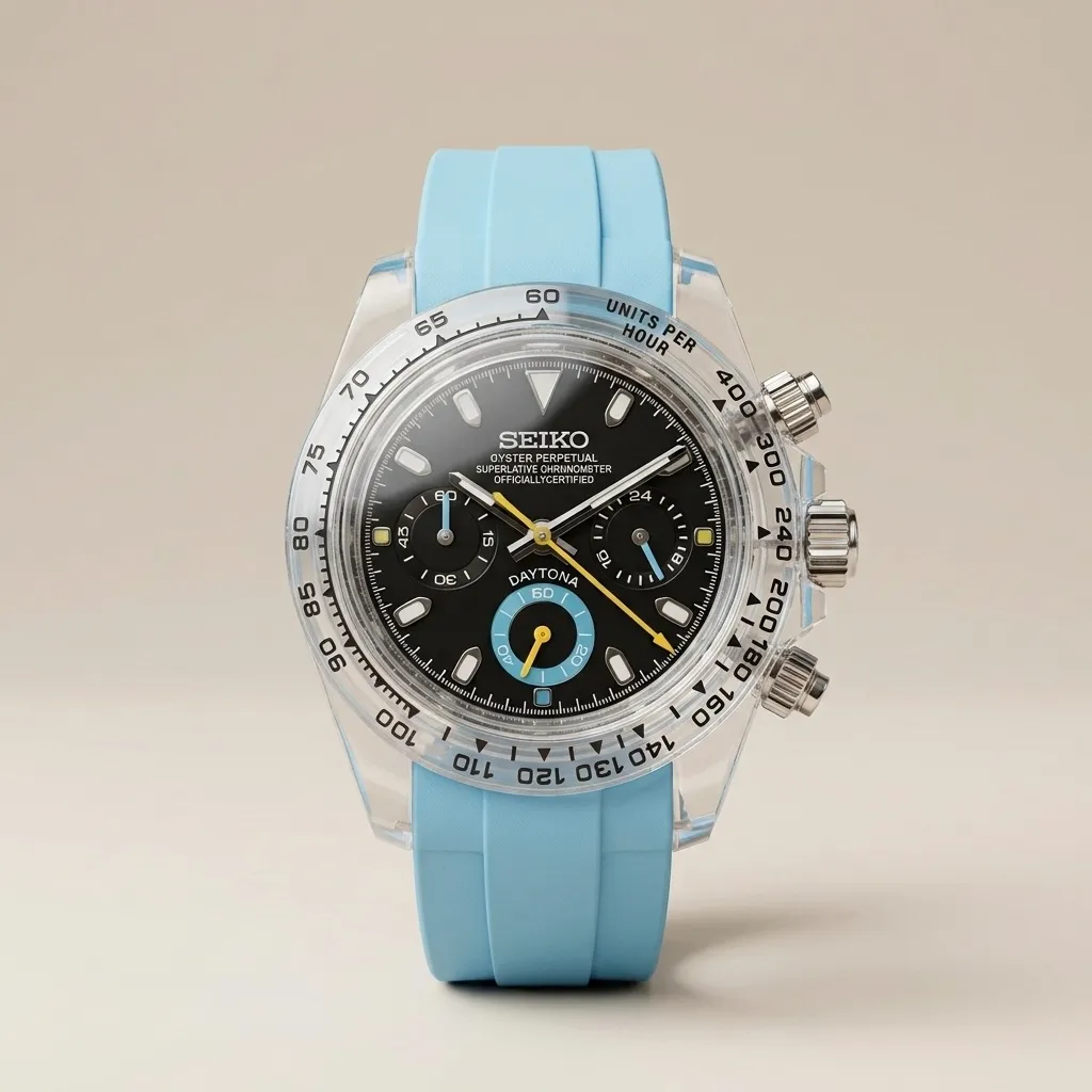 Gym Watch "Crystal Sky" Chrono – Clear Case, Black Dial & Baby Blue Strap