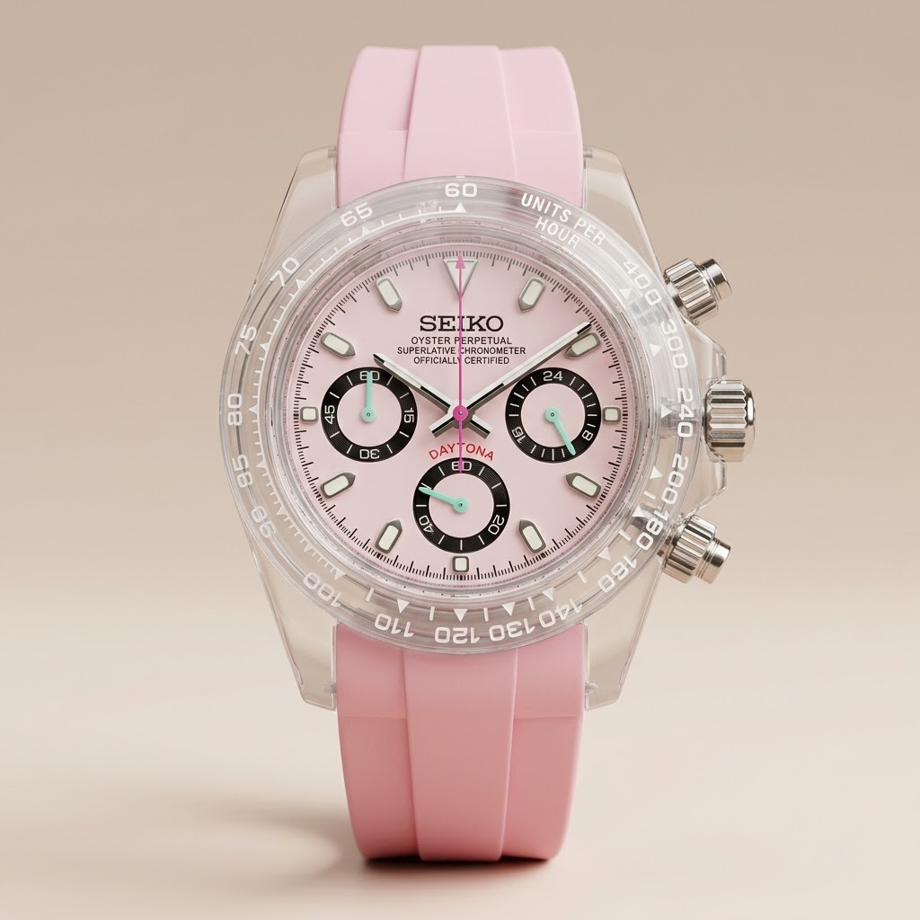 Gym Watch "Crystal Pink" Chrono – Clear Case, Pink Panda Dial & Rubber Strap