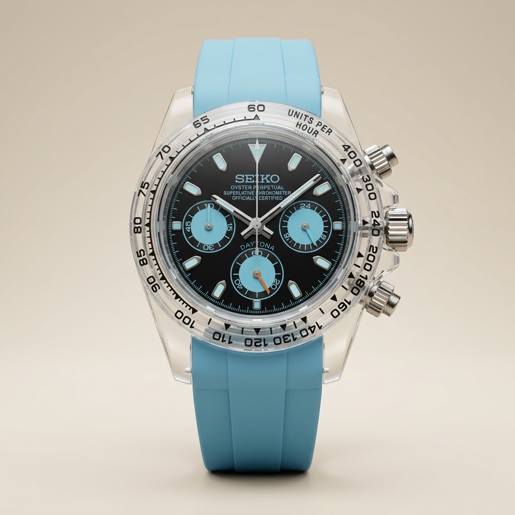 Gym Watch "Crystal Ice Blue" Chrono – Clear Case, Black Dial & Baby Blue Stra