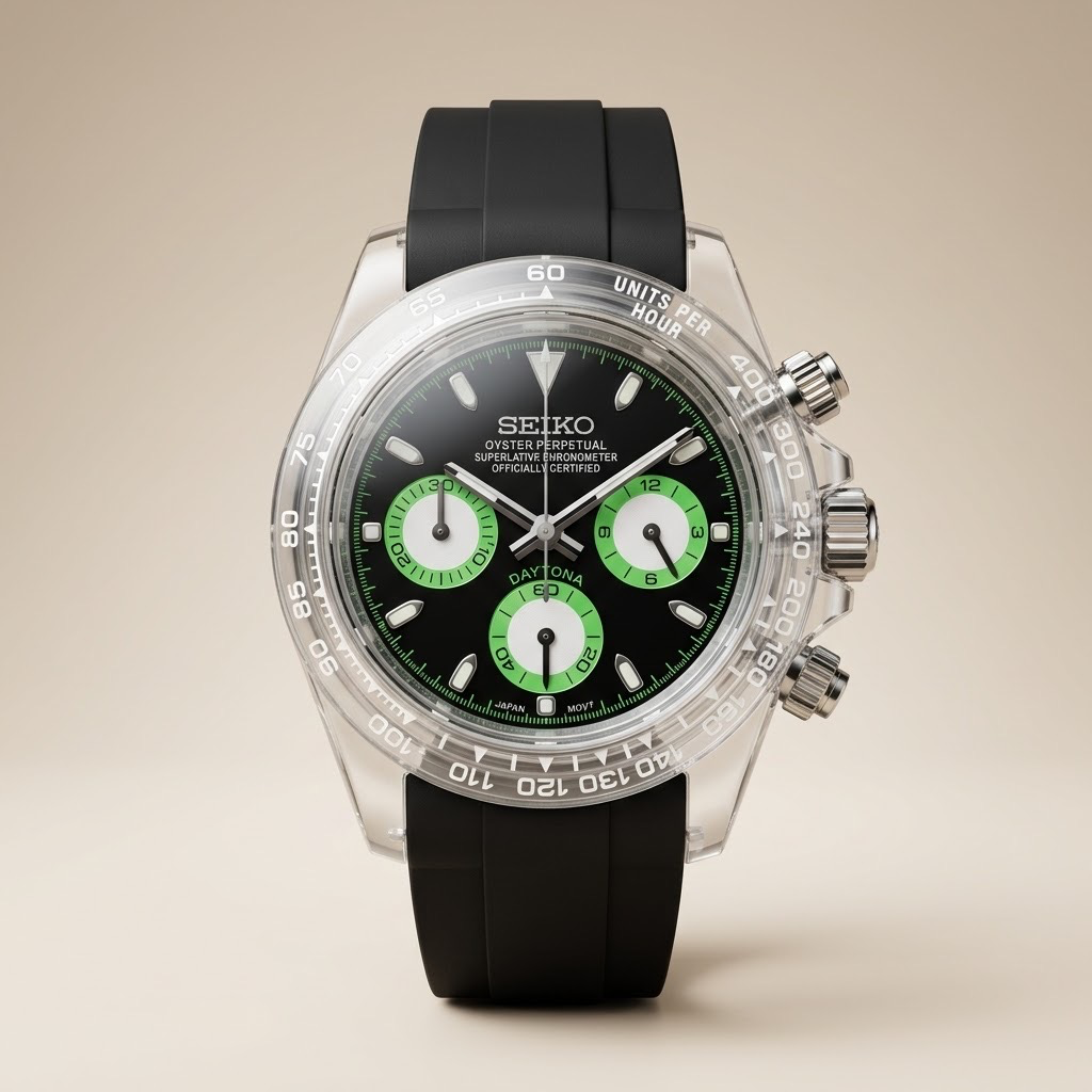 Gym Watch "Crystal Venom" Chrono – Clear Case, Black Dial & Neon Green Sub-dials
