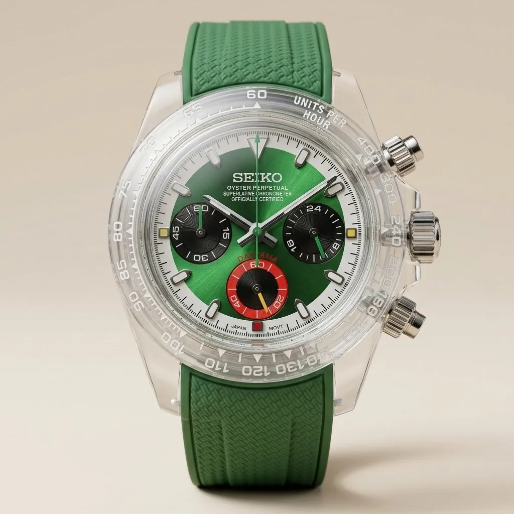 Gym Watch "Crystal Canopy" Chrono – Clear Case, Green Dial & Textured Strap