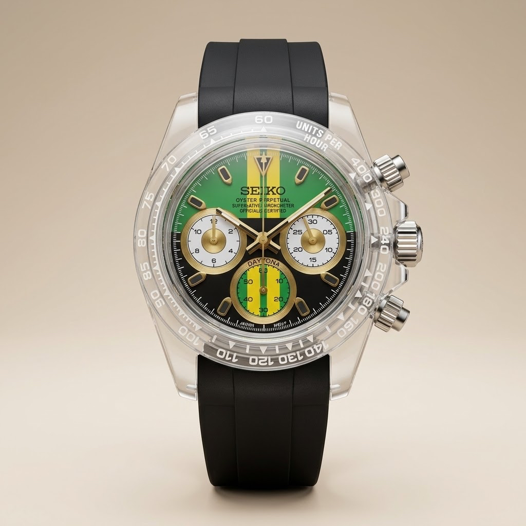 Gym Watch "Crystal Apex" Chrono – Clear Case, Green/Black Split Dial & Yellow Stripe