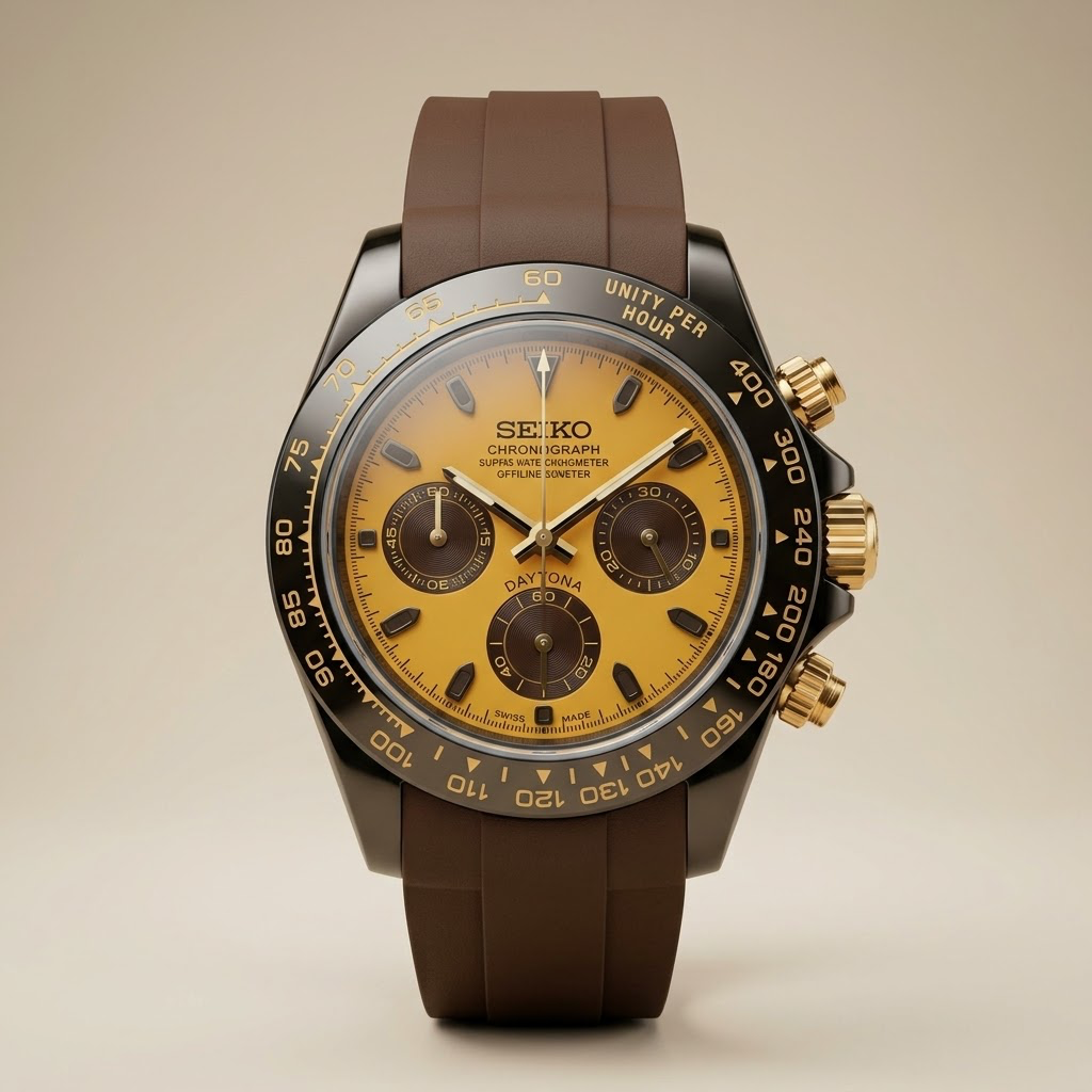 Gym Watch "Sahara Gold" Chrono – Black PVD Case, Ochre Dial & Brown Strap