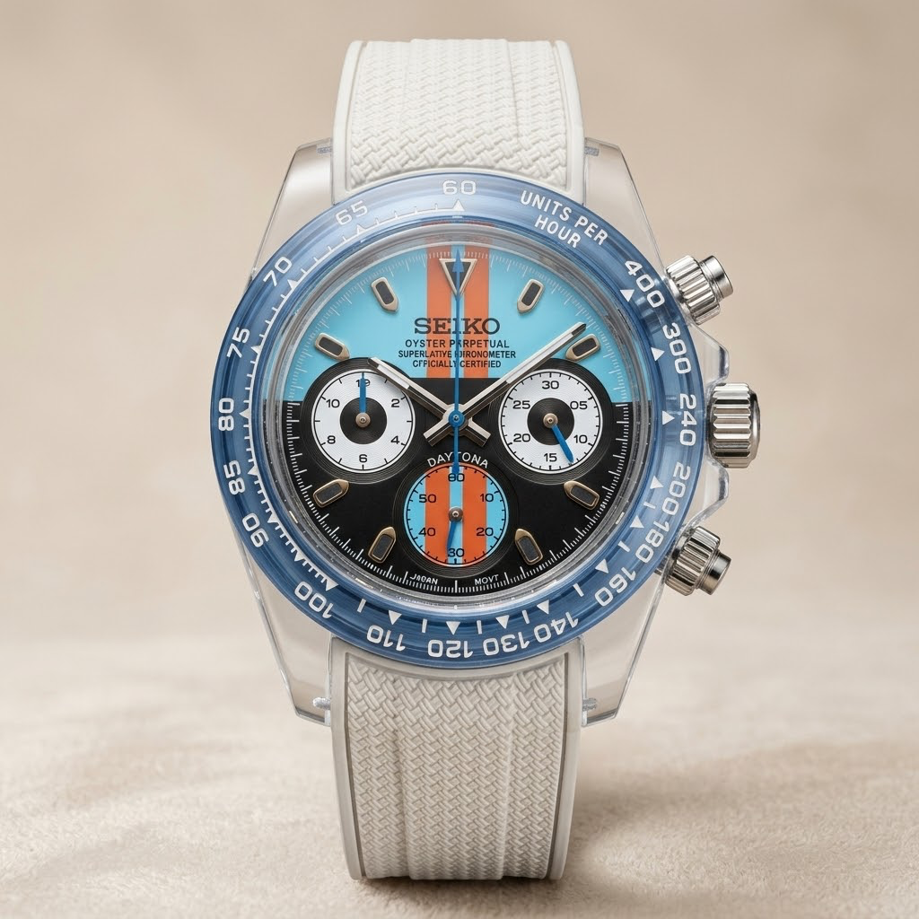 Gym Watch "Crystal Gulf" Chrono – Clear Case, Blue/Black Dial & White Strap