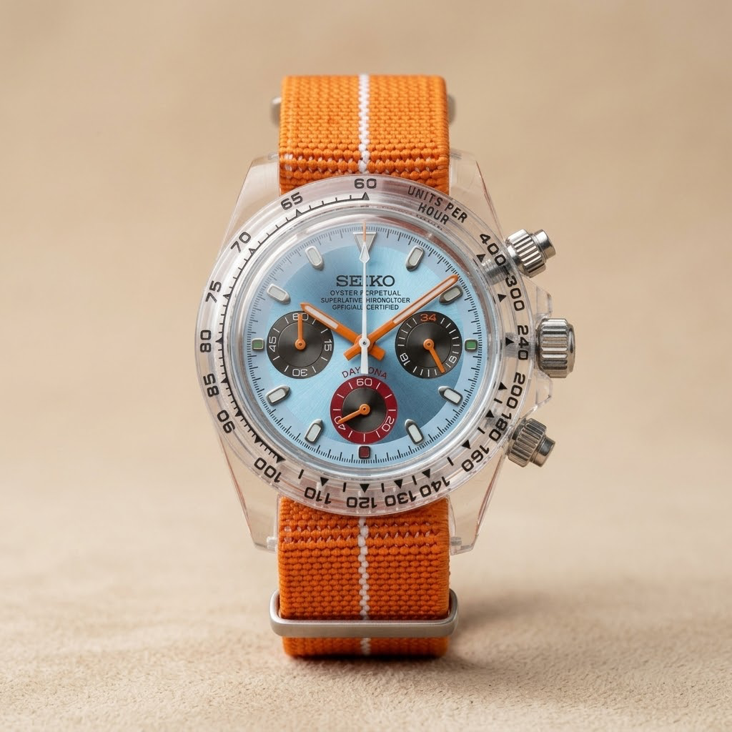 Gym Watch "Crystal Gulf" Chrono – Clear Case, Blue Dial & Orange NATO Strap