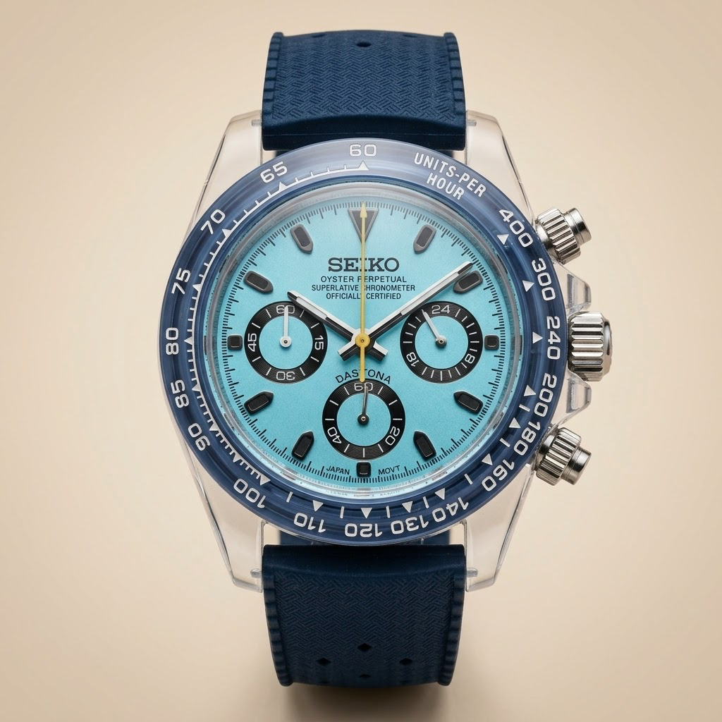 Gym Watch "Crystal Azure" Chrono – Clear Case, Turquoise Dial & Navy Strap