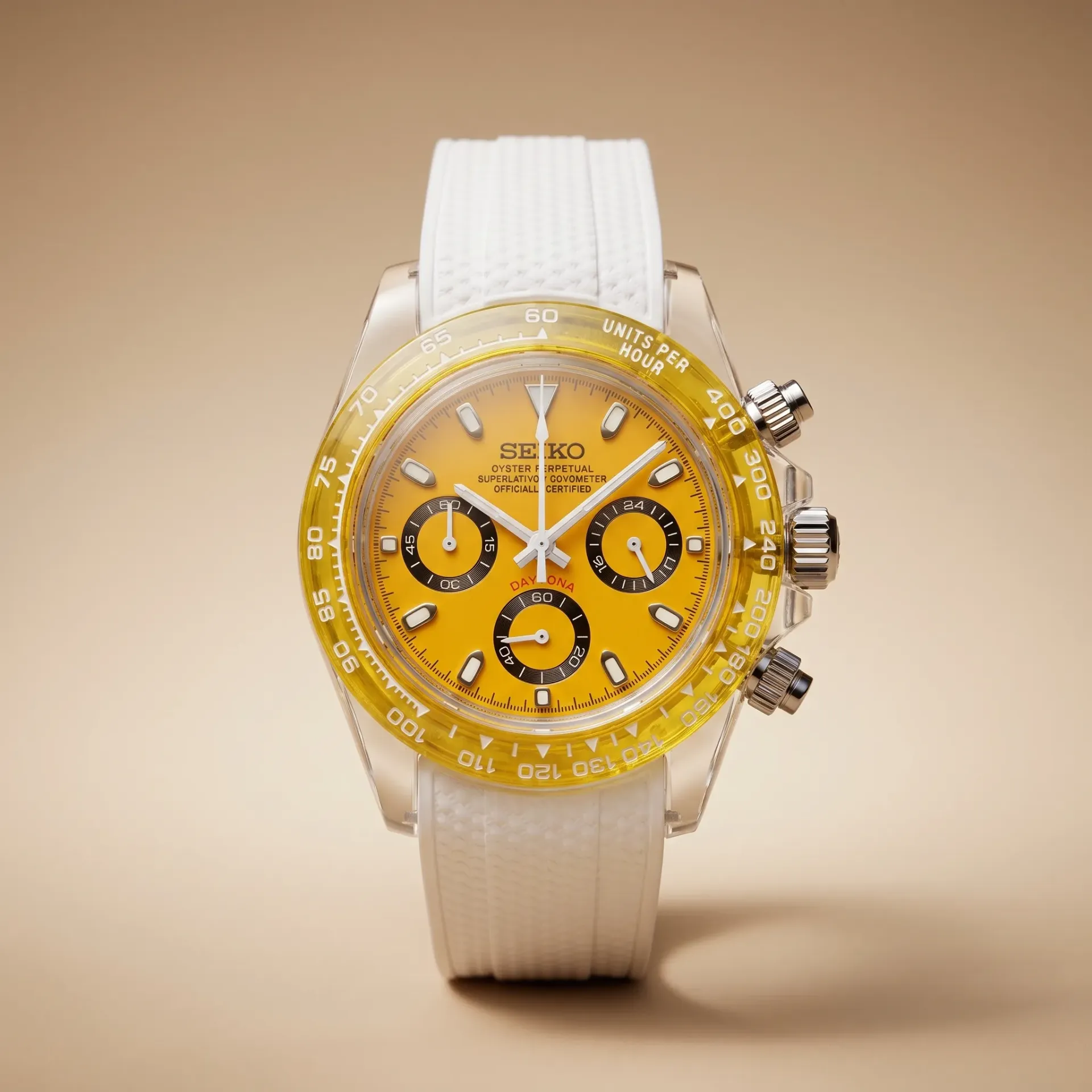 Gym Watch "Crystal Sunburst" Chrono – Clear Case, Yellow Dial & White Strap