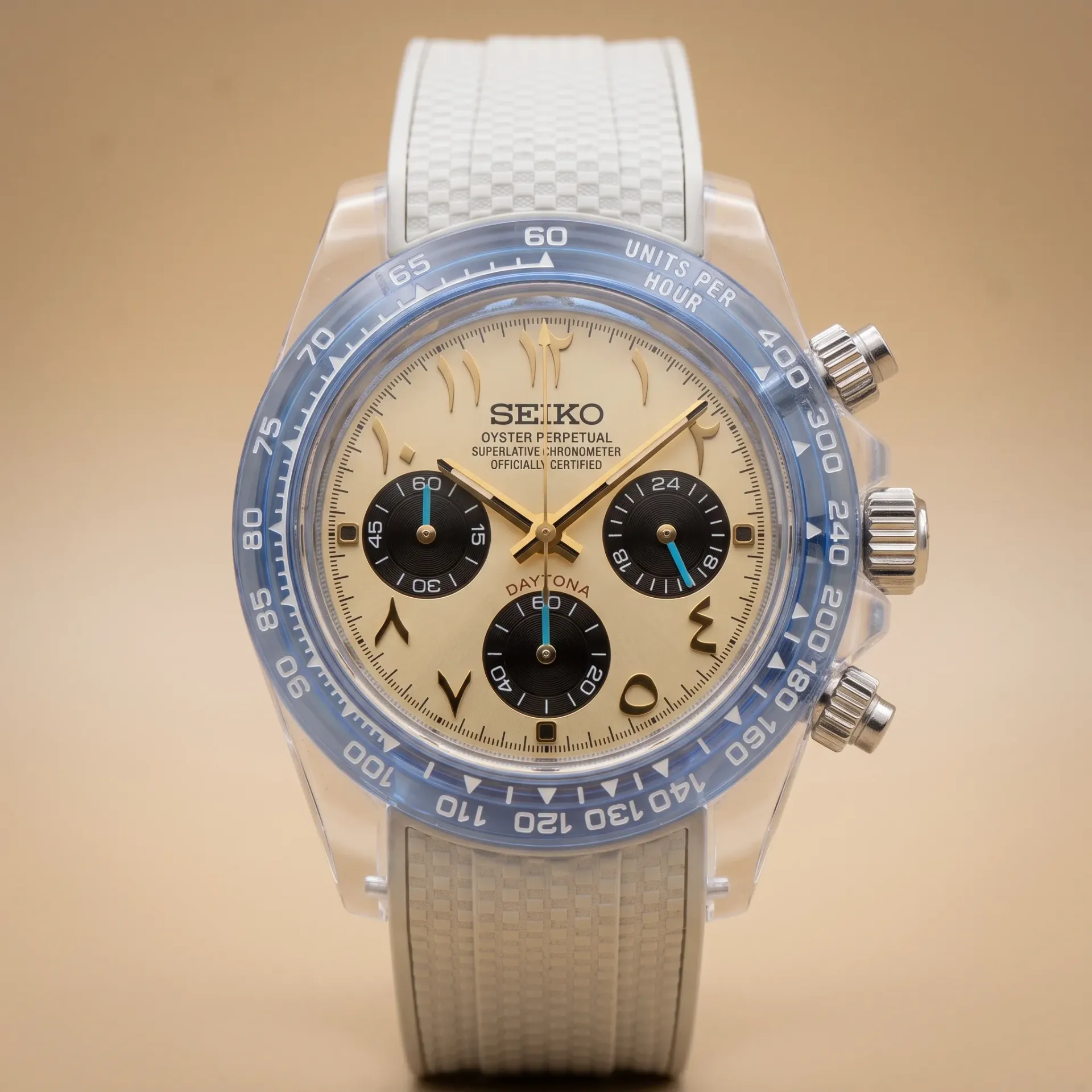 Gym Watch "Dubai Mirage" Chrono – Clear Case, Arabic Dial & White Strap