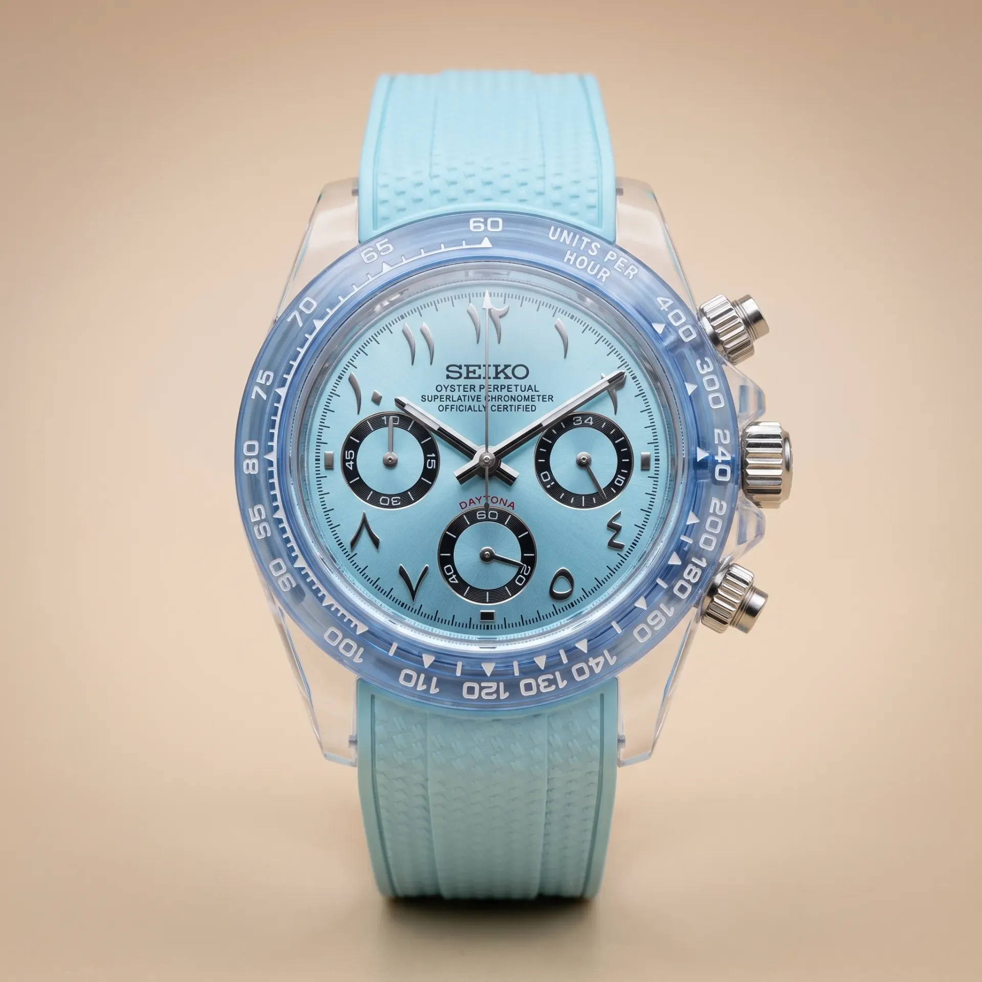 Gym Watch "Glacier Arabic" Chrono – Clear Case, Ice Blue Arabic Dial & Light Blue