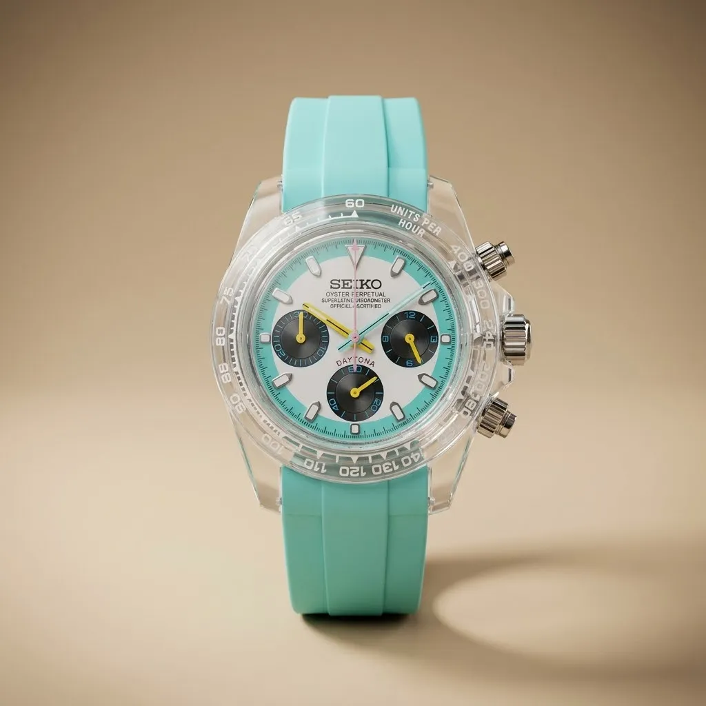 Gym Watch "Glacier Sunburst" Chrono – Clear Case, White/Turquoise Dial & Ice Blue Strap
