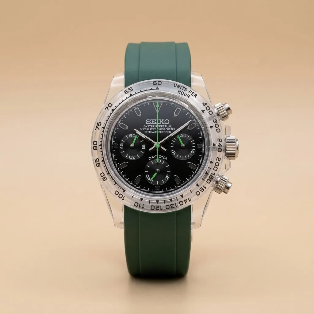 Gym Watch "Crystal Forest" Chrono – Clear Case, Black Dial & Sage Green Strap