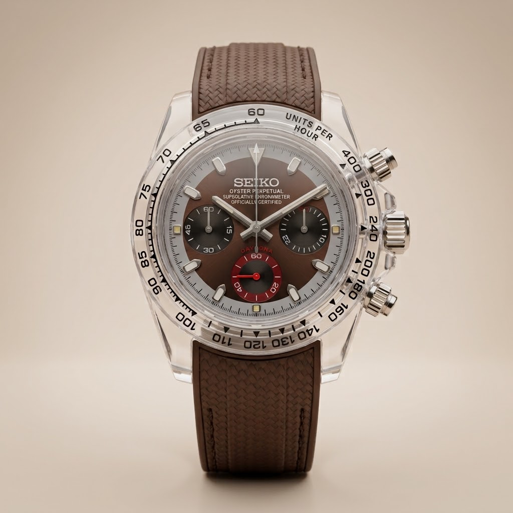 Gym Watch "Crystal Earth" Chrono – Clear Case, Brown/Grey Dial & Brown Textured Strap