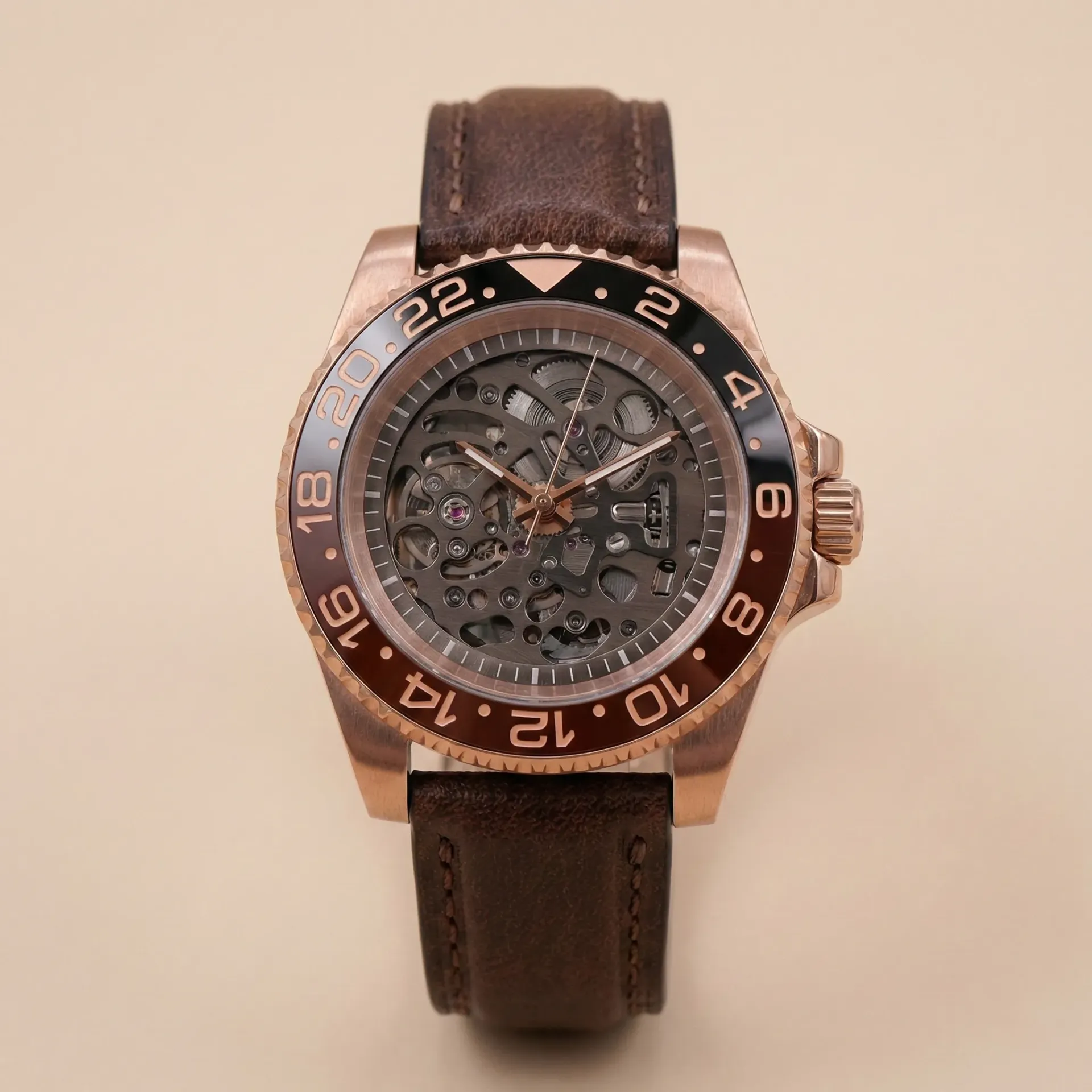 S Mod Rose Gold – Skeleton Dial, GMT Bezel, and Sapphire Glass