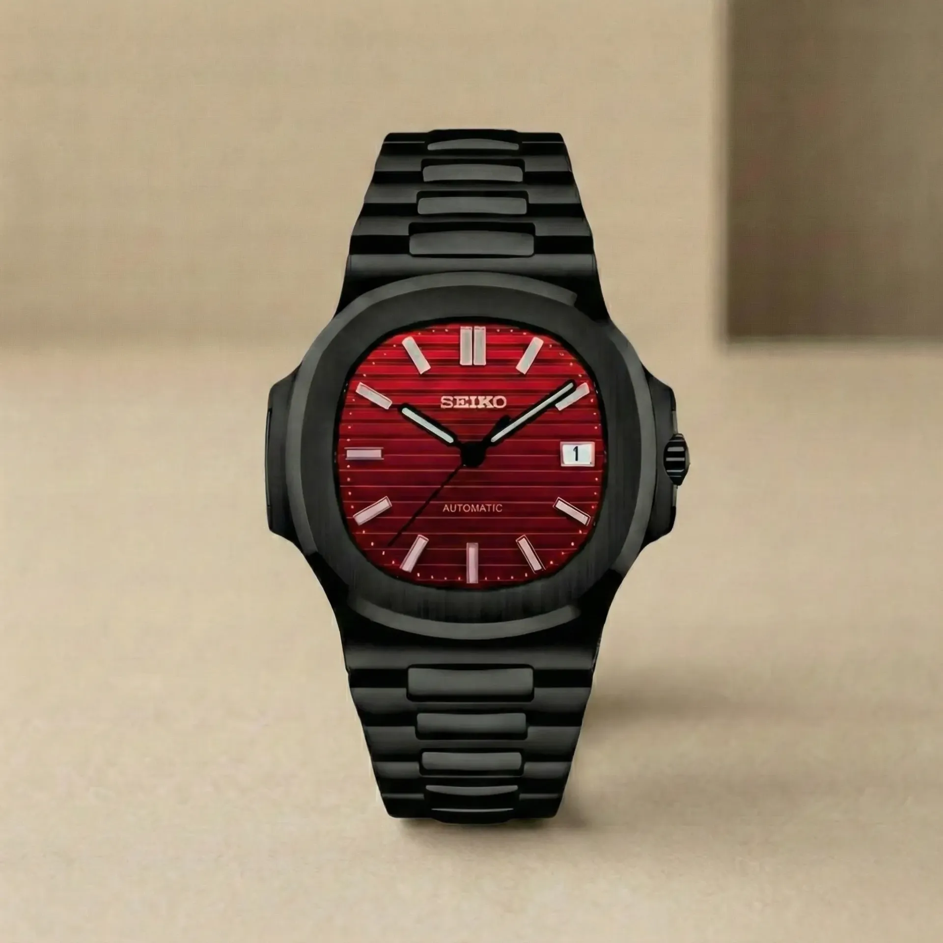S Mod Nautilus Style – Jet Black Case, Red Dial and Sapphire Glass