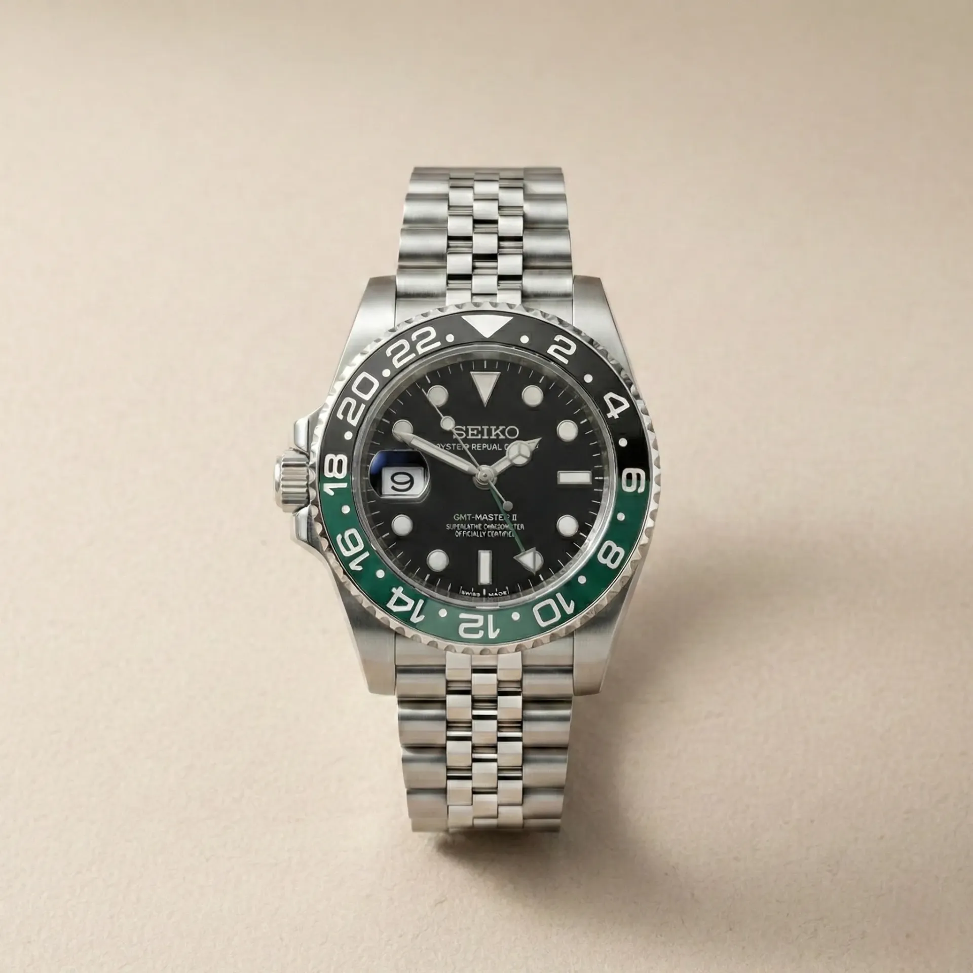 S Mod GMT "Sprite" – Siyah/Yeşil Seramik Bezel & Jubilee Bilezik