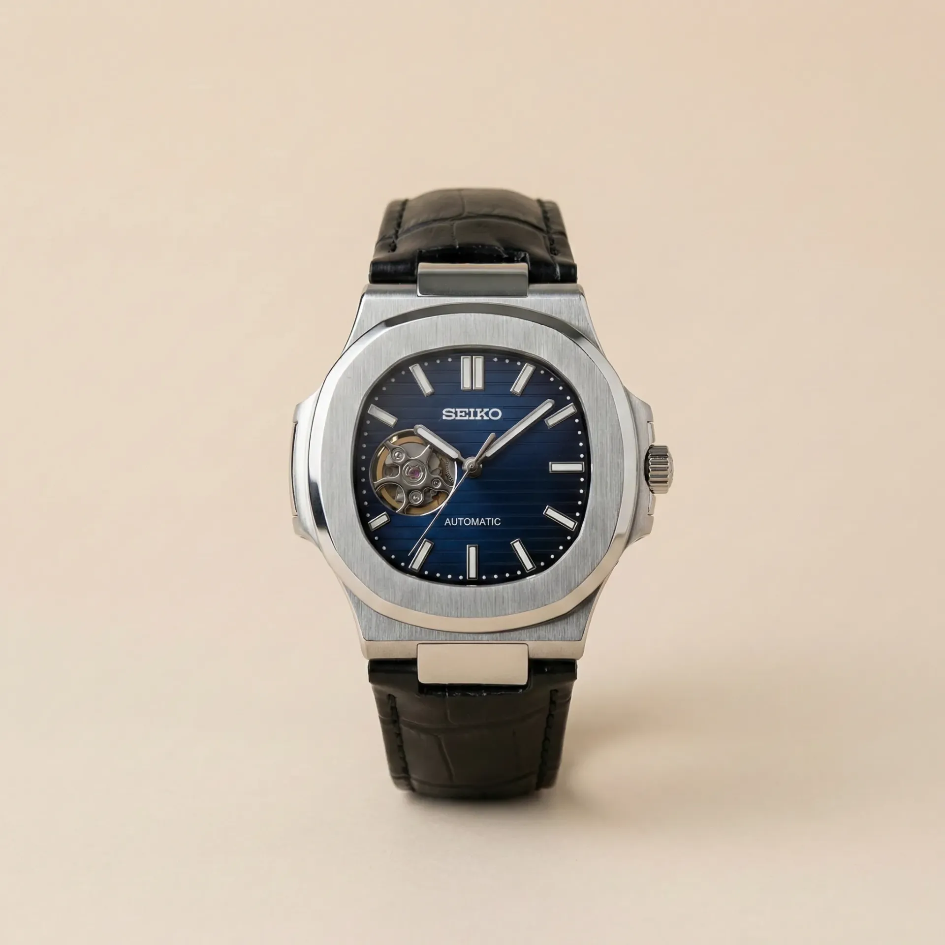 S Mod Nautilus "Open Heart Seikonaut" – Navy Dial & Leather Strap